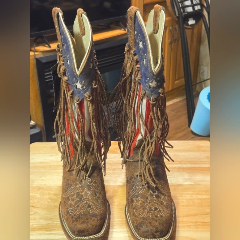 J.B. Dillon Red, White & Blue Brown Fringe Cowboy Boots